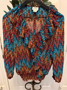 Ariat Western Cowgirl Ikat Print Cape Neck Ruffle Lightweight Top Blouse LS L